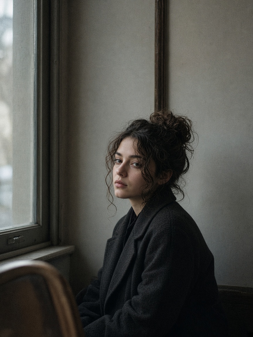 A cafe portrait by a window where a slight change of angle keeps the messy room out of frame