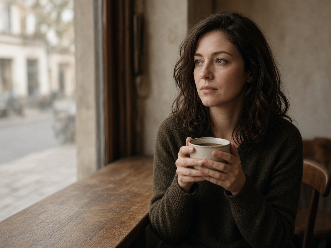 A woman at a cafe window, holding a cup, with her eyes near the upper-right of the frame and open space toward the street on the left