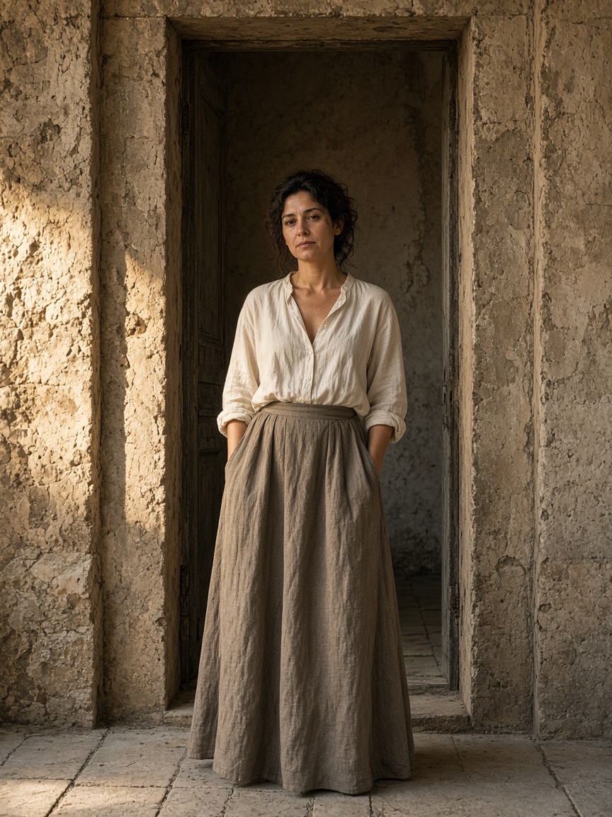 A centered portrait in a stone doorway, with matching walls on both sides, showing a case where symmetry beats the rule of thirds