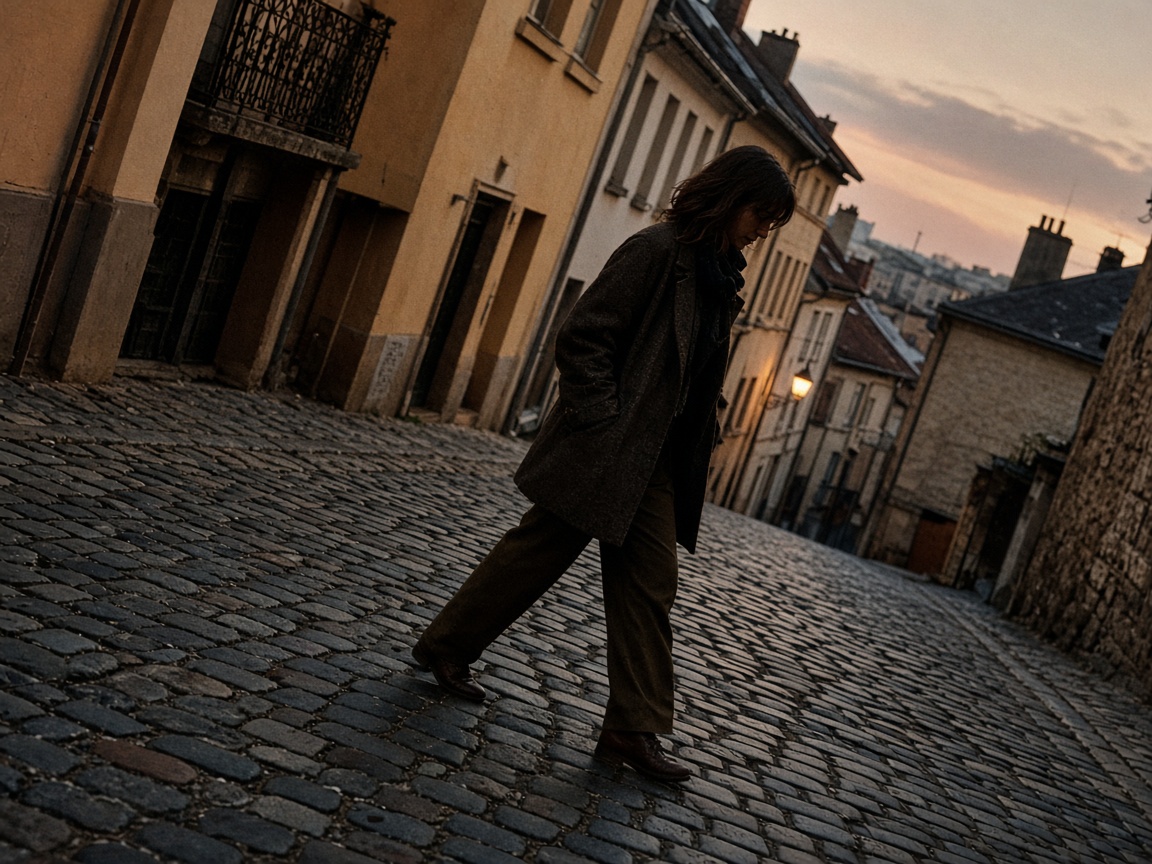 A person walking a cobblestone lane at dusk with a deliberate camera tilt that adds energy