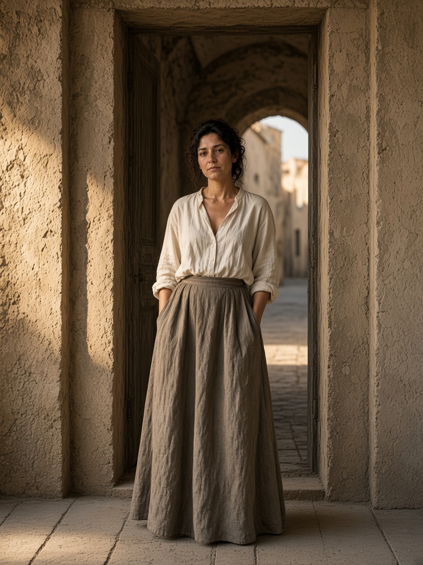 A woman standing in a stone doorway, with the near wall closer to the camera so the opening leads inward to her