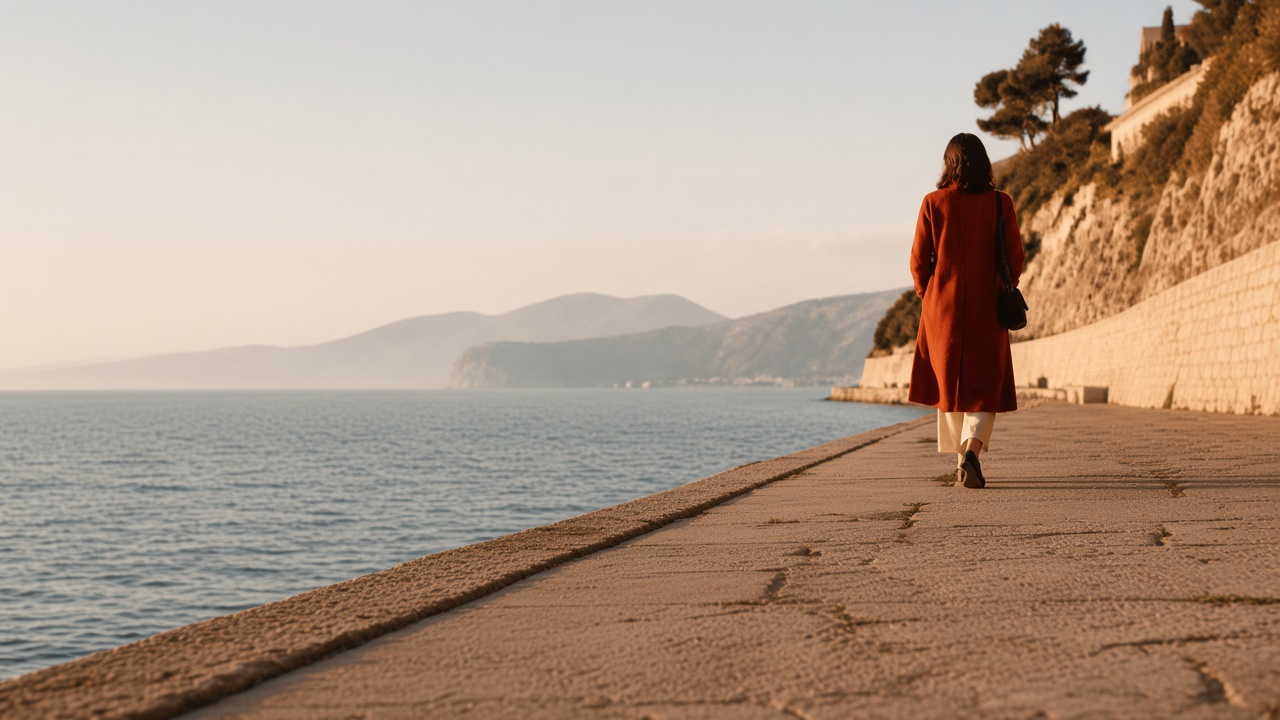 A woman in a rust-colored coat walking away along a stone sea wall, with the path and wall edge leading from the foreground toward her