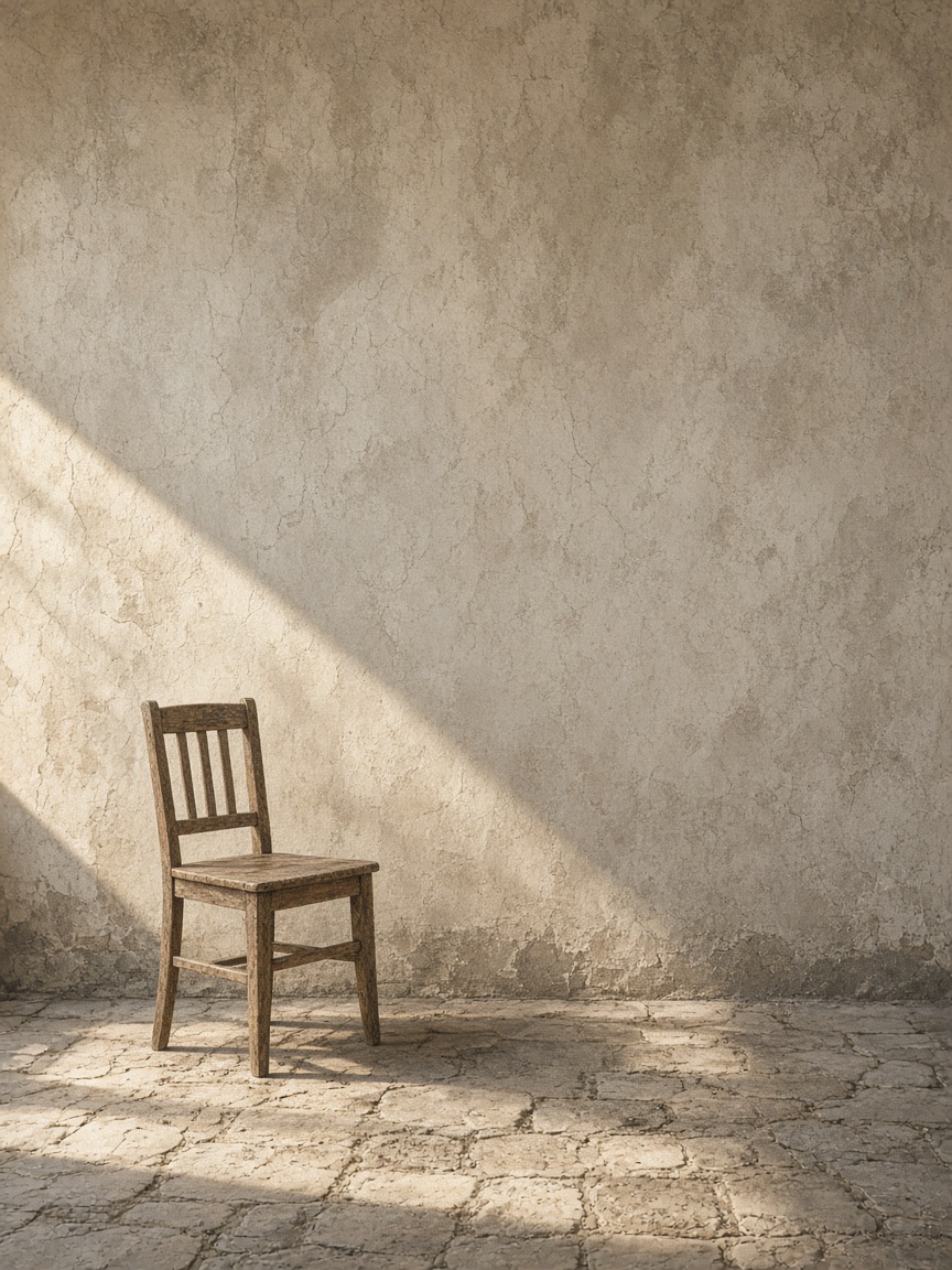 A single wooden chair on a sunlit stone floor against a large empty plaster wall