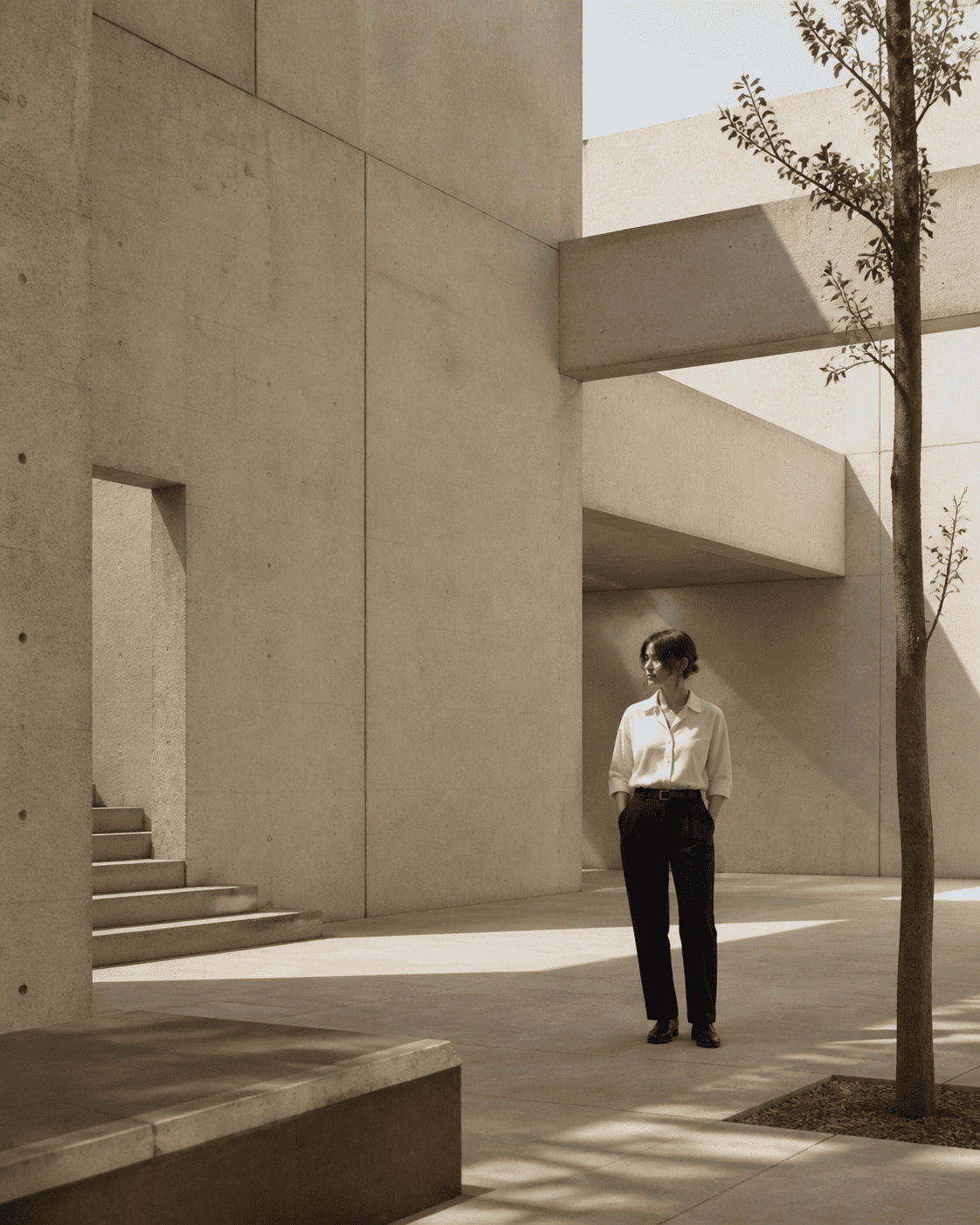 A person standing in a sunlit stone courtyard